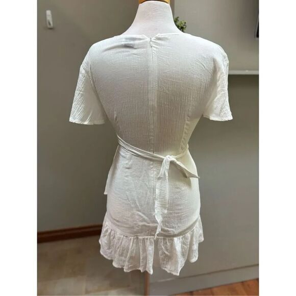 Princess Polly 8 cream gauze faux strap ruffle bottom mini dress w- back zip clo - Picture 3 of 7